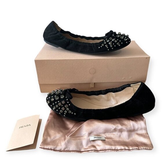 Prada Black Suede Jeweled Ballet Flats, size 39 EU, Original box, dust bag - Picture 1 of 14